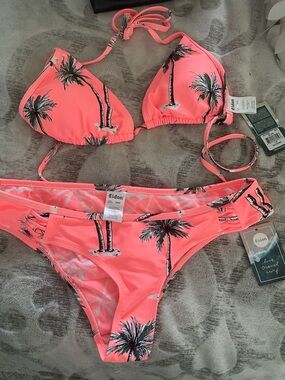 Eidon Neon Coral Palm Triangle Bikini Top